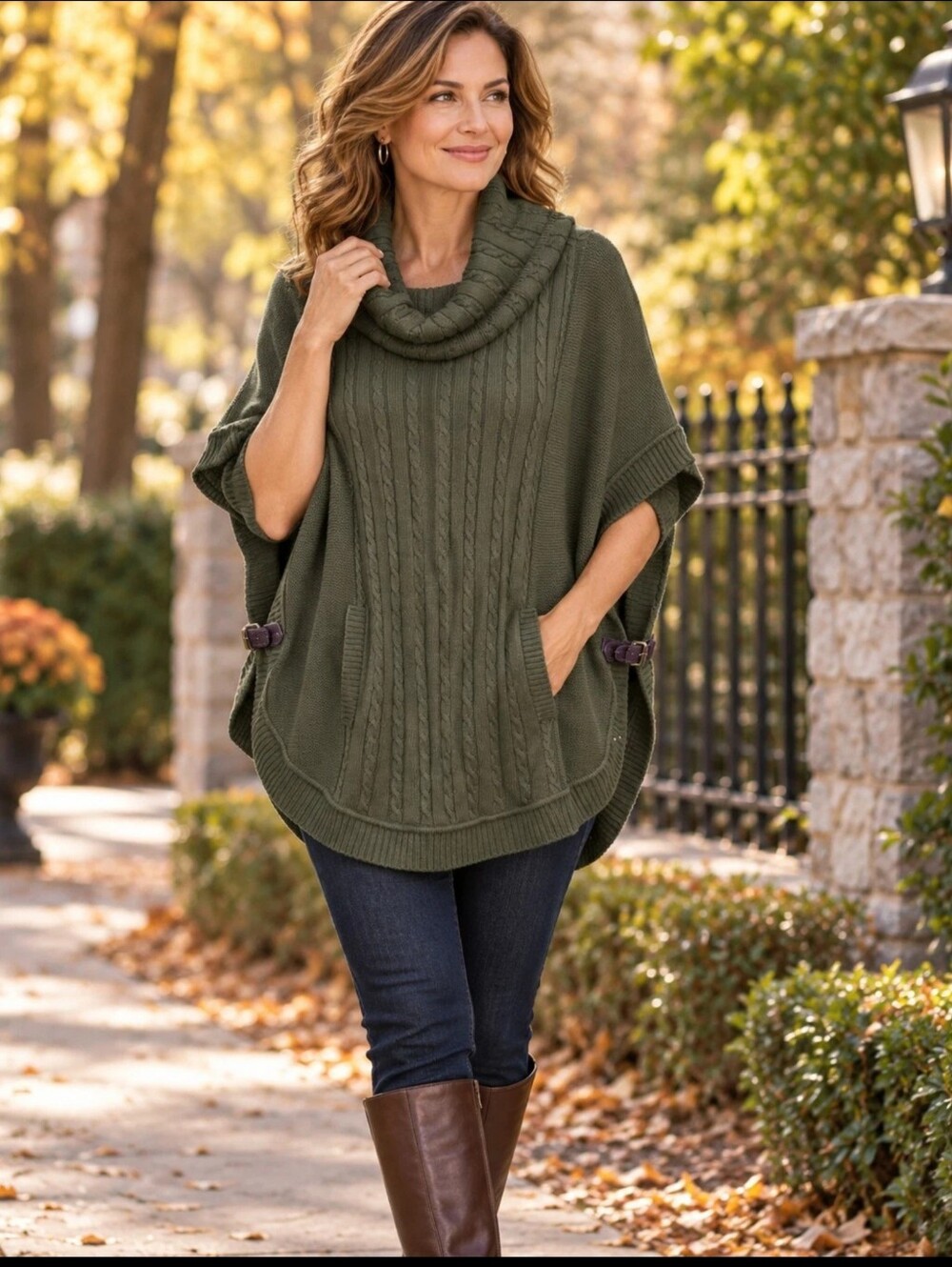Talbots Plus 1X Olive Cable-Knit Cowl Neck Poncho Sweater Pockets Buckle